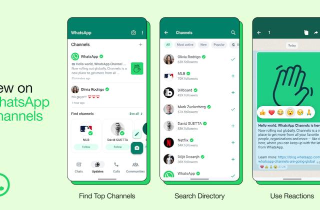 Three phones show new updates for WhatsApp Channels
