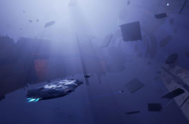 Image of the carrier from Homeworld 3 approaching space debris.